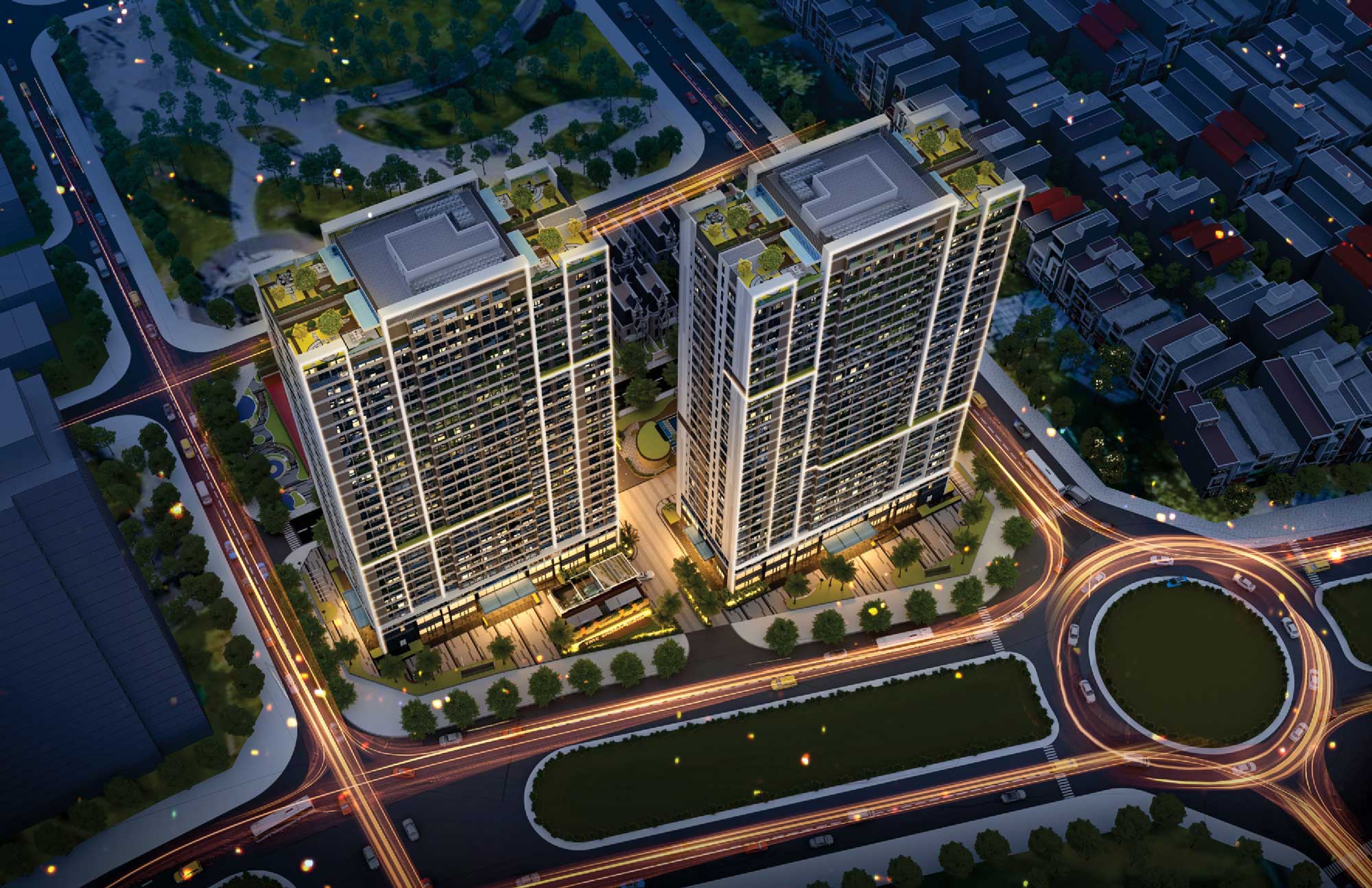 Phối cảnh tổng thể 2 t&ograve;a th&aacute;p chung cư TMC Smart Home lung linh về đ&ecirc;m, nh&igrave;n từ tr&ecirc;n cao.
