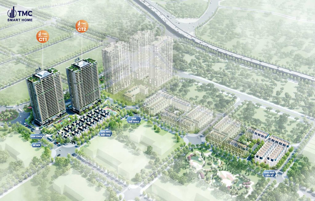 Sơ đồ phối cảnh tổng thể dự &aacute;n chung cư TMC Smart Home, thể hiện vị tr&iacute; 2 t&ograve;a th&aacute;p CT1, CT2, khu biệt thự v&agrave; liền kề.